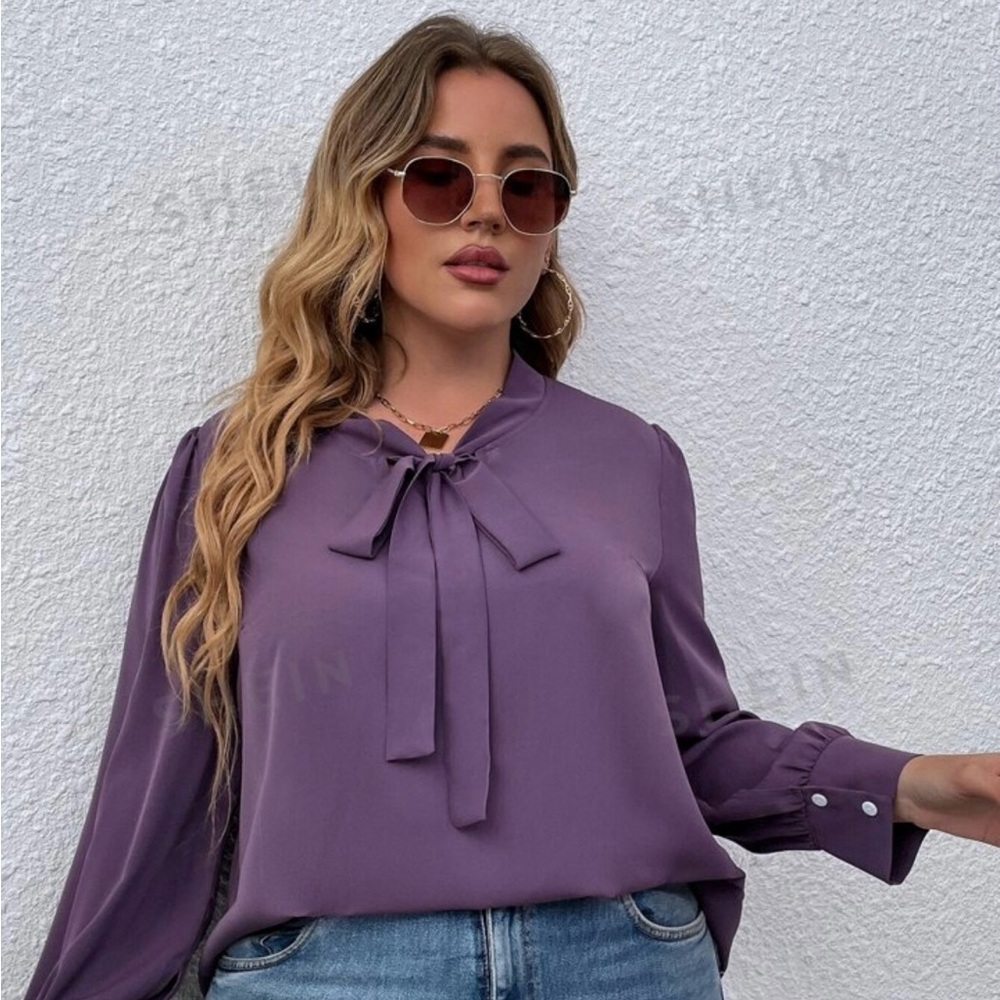 SHEIN LUNE mauve purple Plus size (4X)  Tie Neck Puff Sleeve Blouse